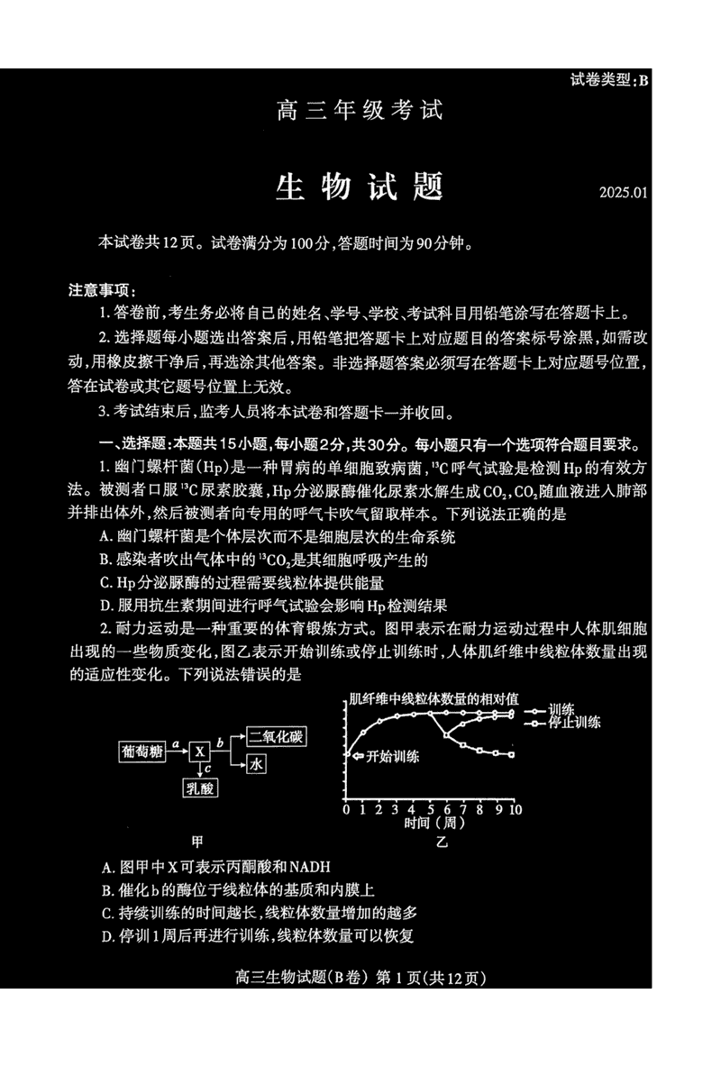 山东泰安2024-2025学年高三上学期1月期末生物试题及答案