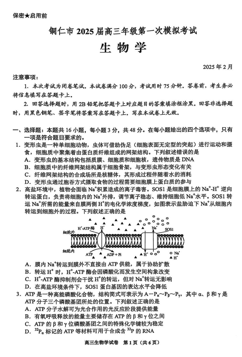 贵阳市2025年高三年级适应性考试（一）生物试题及答案