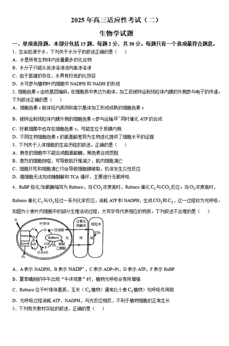 南通市如皋市2025届高三适应性考试（二）生物试题及答案